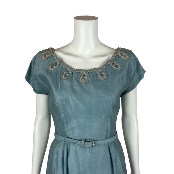 Vintage 1950s Dress Set Women's Small Faux Silk Blue Cocktail Outfit - Picture 5 of 15
